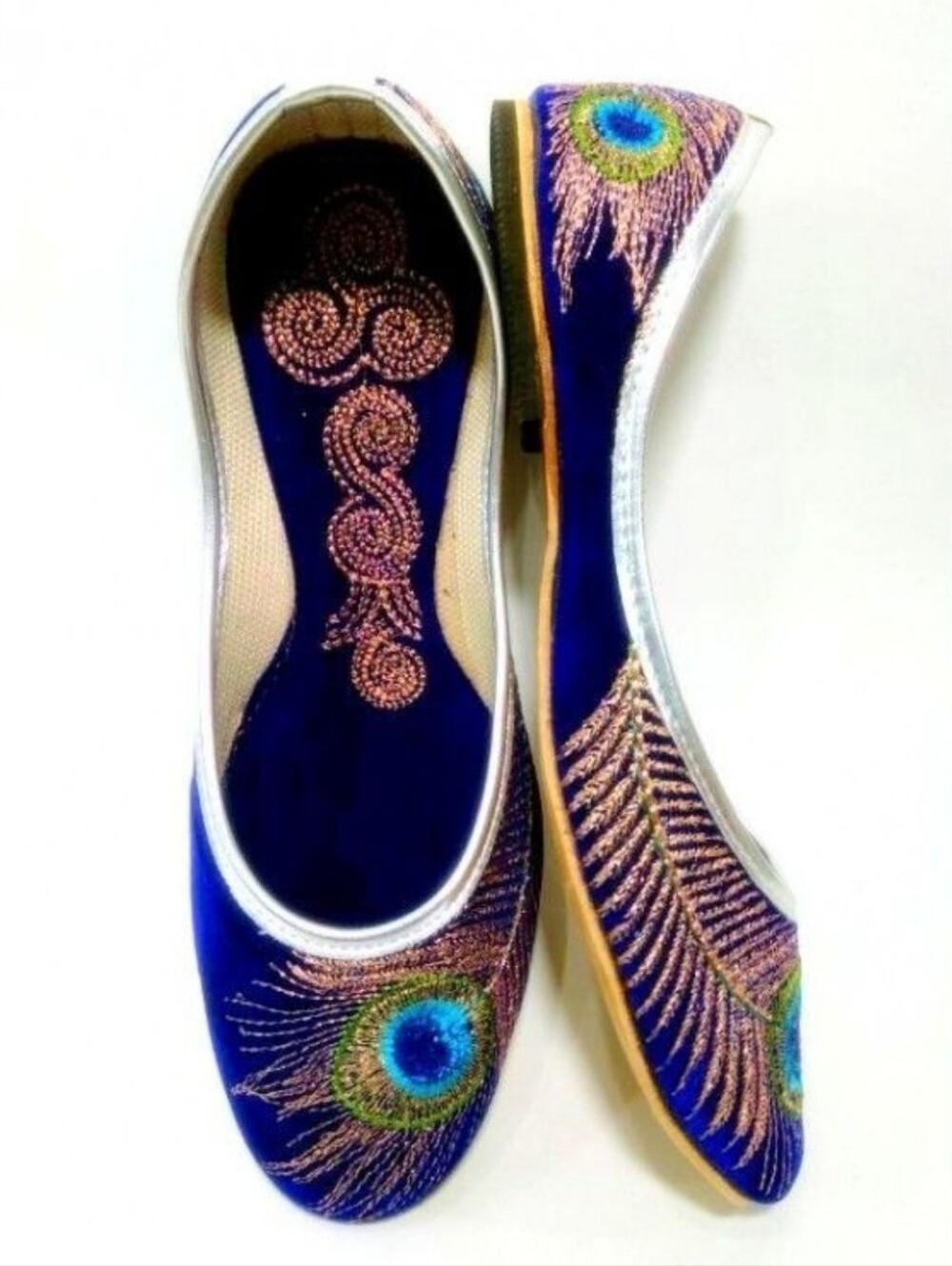 Blue Velvet Peacock Embroidered Jutti Indian Flats with Gold Accents
